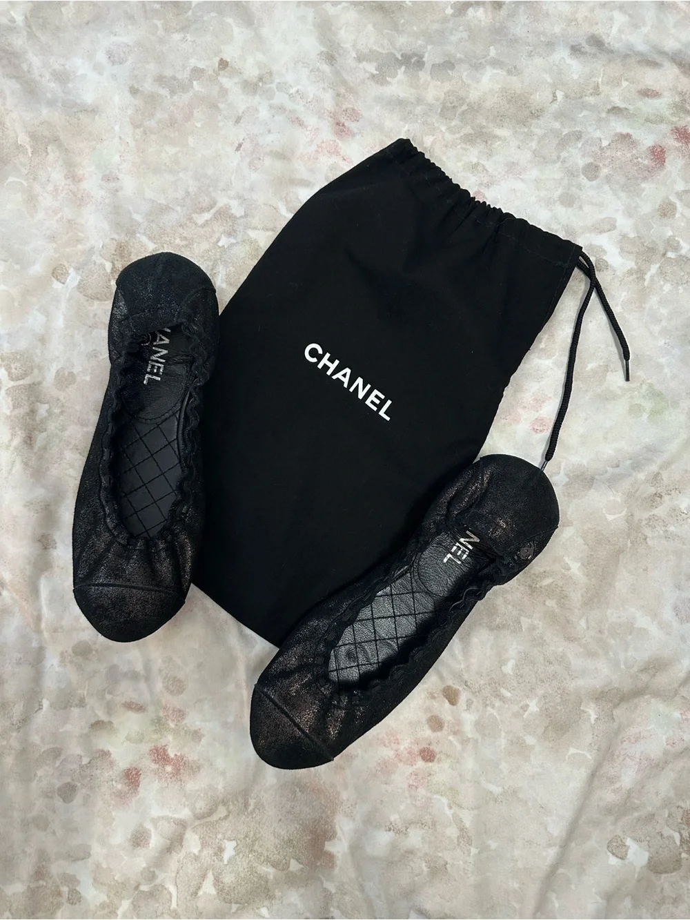 CHANEL Black Quilted Leather Slip-On Ballet Flats with Branded Dust Bag